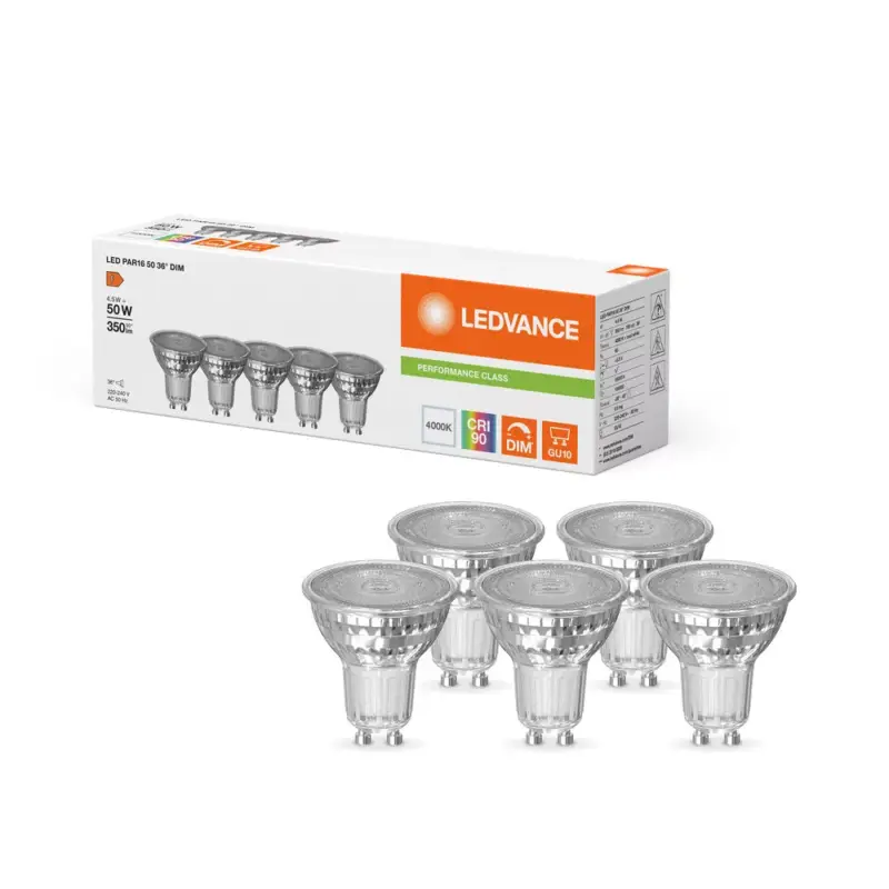 5x LED izzó PAR16 GU10 4,5W = 50W 350lm 4000K Semleges Fehér 36°-ban FÉNYÉRHETŐ LEDVANCE Biztonságos fizetés