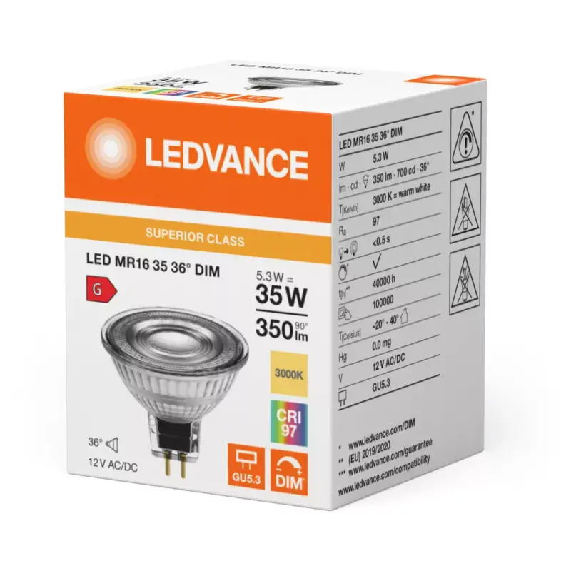 Olcsó LED izzó MR16 GU5.3 5.3W = 35W 350lm 3000K Melegfehér 12V FÉLESZÁLLÁS DIMMÁLHATÓ LEDVANCE