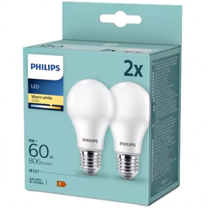 2PAK LED izzó E27 A60 8W = 60W 806lm 2700K Meleg PHILIPS Akciós ár