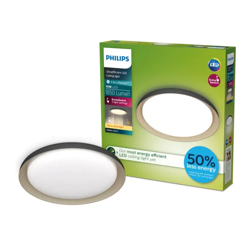 Végkiárusítás Mennyezeti lámpa LED mennyezeti lámpa 10W 1850lm 2700K SceneSwitch Fekete Pebblo Ultra Hatékony Philips