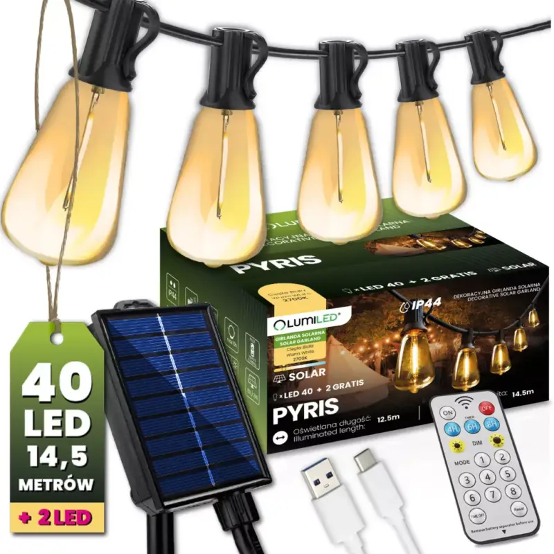 Vedd meg most Napelemes kerti girland 40 db LED dekoratív izzó 14,5 m 2700 K Meleg + Távirányító PYRIS LUMILED