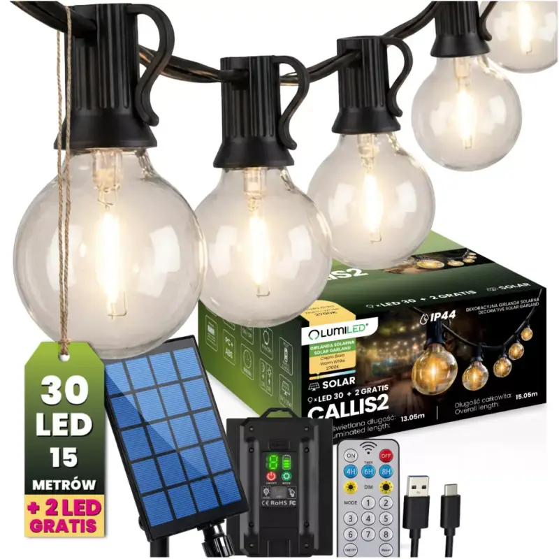 Végkiárusítás Napelemes kerti girland, 30 db LED dekoratív gömb, 15,05 m, 2700 K, meleg színhőmérséklettel, távirányítóval, CALLIS2, LUMILED