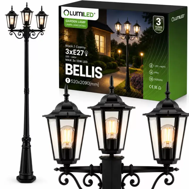 Kültéri kerti lámpa 3xE27 oszloplámpa 2m fekete BELLIS LUMILED Nézd meg most