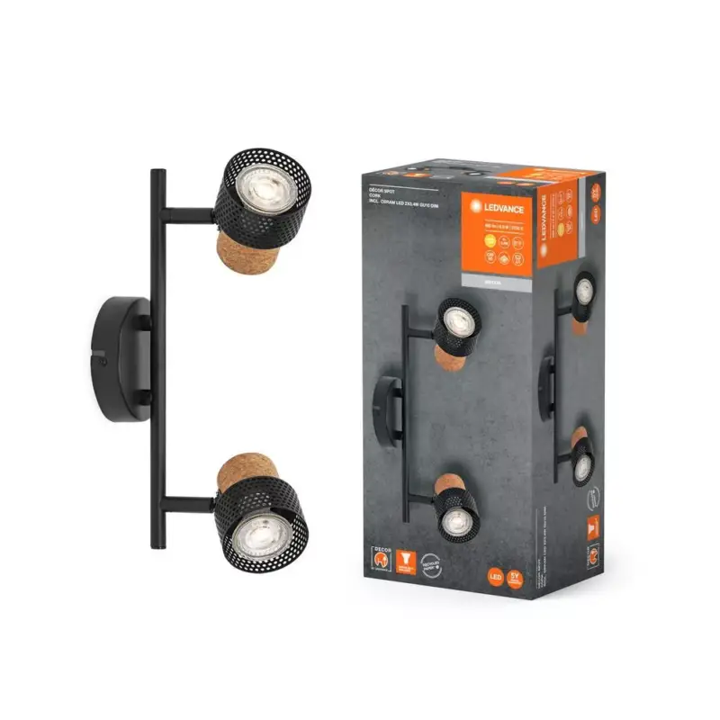 Szuper akció LED fali mennyezeti lámpa, fali lámpa, felületre szerelhető, 6,8 W, 460 lm, 3000 K, meleg, szabályozható fényerővel, dekoratív fekete pontfény, parafa, Ledvance