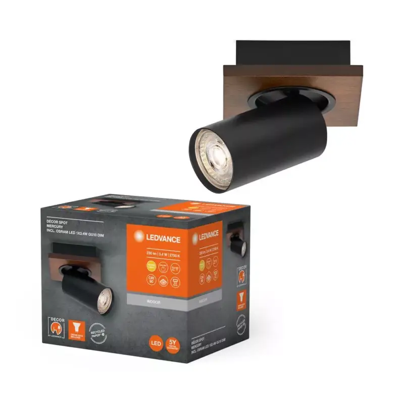 Korlátozott ajánlat LED fali mennyezeti lámpa, felületre szerelhető, 3,4 W, 230 lm, 3000 K, meleg, szabályozható fényerővel, dekoratív barna, fekete pontfény, higany, Ledvance