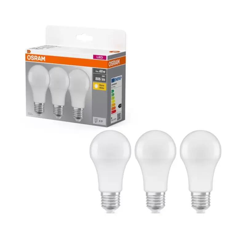 3x LED izzó A60 E27 8W = 60W 806lm 2700K Meleg 150°-os foglalat Osram Csak ma