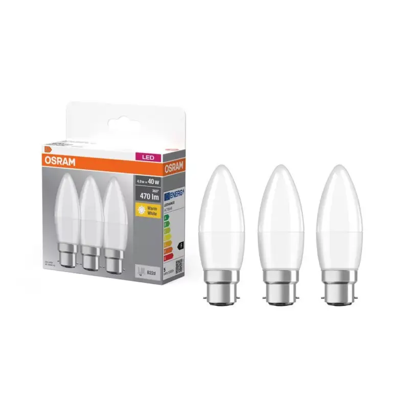 3x LED izzó B37 gyertya B22d 4.9W = 40W 470lm 2700K 200° Meleg fejelés Osram Legnépszerűbb