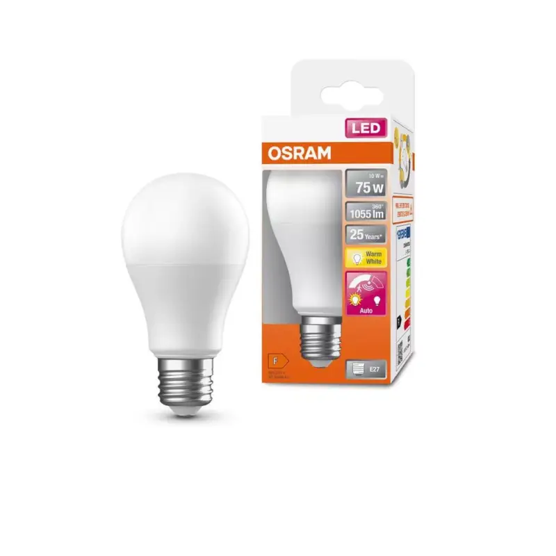 Biztonságos fizetés LED izzó A60 E27 10W = 75W 1055lm 2700K Meleg 200° Mozgás- és alkonyérzékelővel CLASSIC Osram