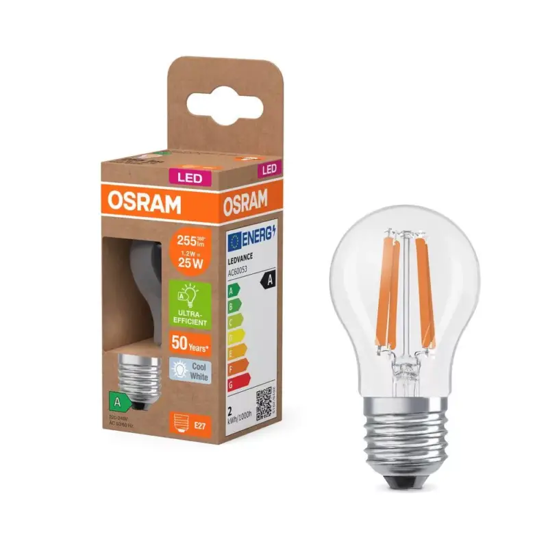 Expressz kézbesítés LED izzó P45 gömb alakú E27 1.2W = 25W 255lm 4000K Semleges 330° 213lm/W ENERGY CLASSIC EFFICIENCY Osram