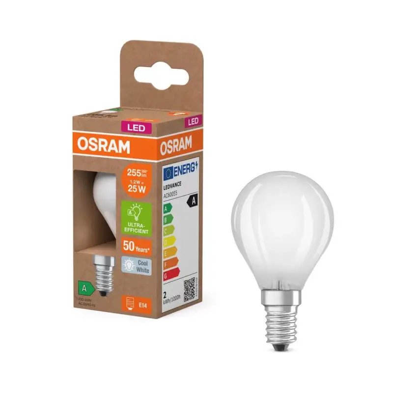 Kihagyhatatlan ajánlat LED izzó P45 gömb alakú E14 1.2W = 25W 255lm 4000K Semleges 330° 213lm/W KLASSZIKUS ENERGIAHATÉKONYSÁG Osram