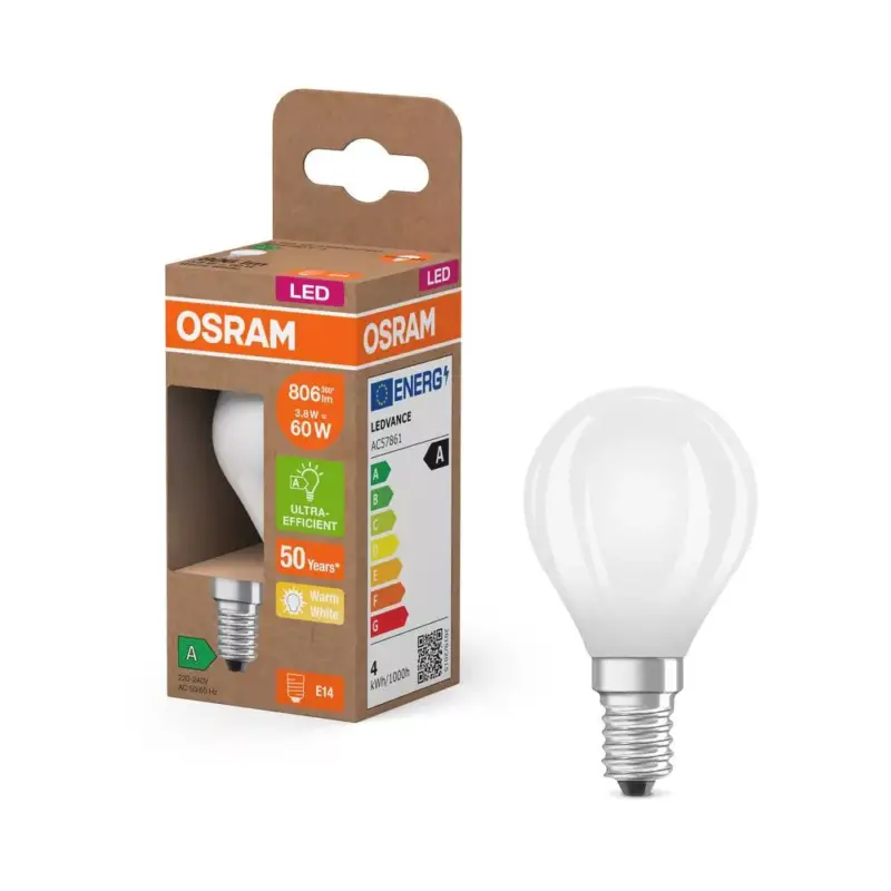 Gyors kiszállítás LED izzó P45 gömb alakú E14 3.8W = 60W 806lm 2700K Meleg 330° 213lm/W ENERGY CLASSIC EFFICIENCY Osram