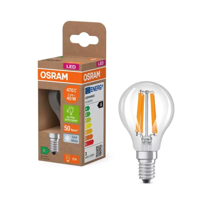 Exkluzív ajánlat LED izzó P45 gömb alakú E14 2.2W = 40W 470lm 4000K Semleges 320° 214lm/W KLASSZIKUS ENERGIAHATÉKONYSÁG Osram