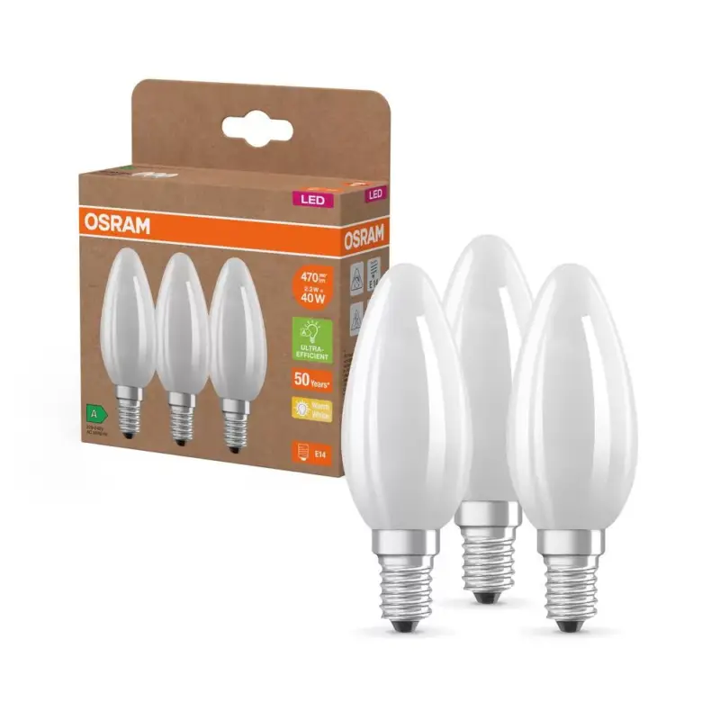 Gyors kiszállítás 3x LED izzó B35 gyertya E14 2.2W = 40W 470lm 2700K Meleg 330° 214lm/W KLASSZIKUS ENERGIAHATÉKONYSÁG Osram