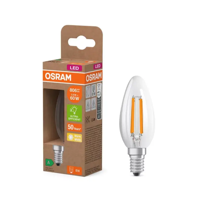 Alacsony ár LED izzó B35 gyertya E14 3.8W = 60W 806lm 2700K Meleg 330° 213lm/W ENERGIA CLASSIC EFFICIENCY Osram