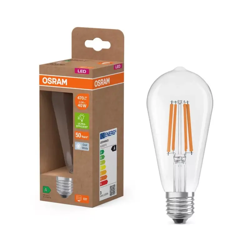 Árcsökkenés LED izzó ST64 E27 2.2W = 40W 470lm 4000K Semleges 330° Izzószálas KLASSZIKUS ENERGIAHATÉKONYSÁG Osram