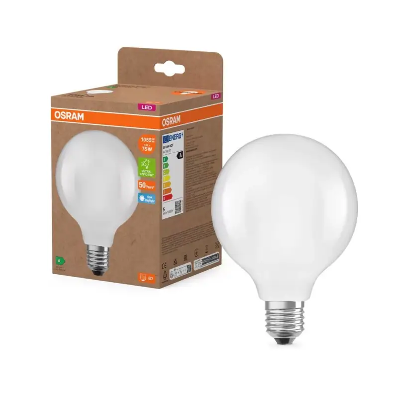 Olcsóbb LED izzó G95 gömb alakú E27 5W = 75W 1055lm 6500K Hideg 330° Izzószálas KLASSZIKUS ENERGIAHATÉKONYSÁG Osram