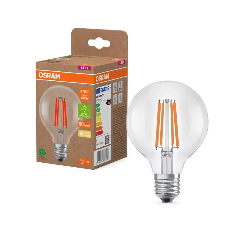 Kihagyhatatlan ajánlat LED izzó G80 gömb alakú E27 2.2W = 40W 470lm 2700K Meleg 330° Izzószálas KLASSZIKUS ENERGIAHATÉKONYSÁG Osram