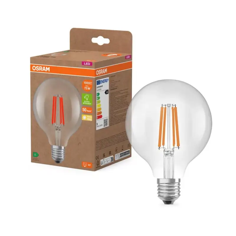 LED izzó G95 gömb alakú E27 5W = 75W 1055lm 2700K Meleg 330° Izzószálas KLASSZIKUS ENERGIAHATÉKONYSÁG Osram Szuper ajánlat