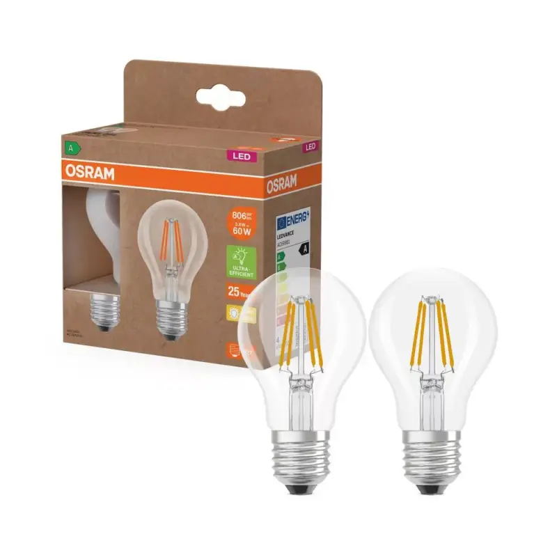 2x LED izzó A60 E27 3.8W = 60W 2700K 806lm Meleg 300° Izzószálas KLASSZIKUS ENERGIAHATÉKONYSÁG Osram Bestseller
