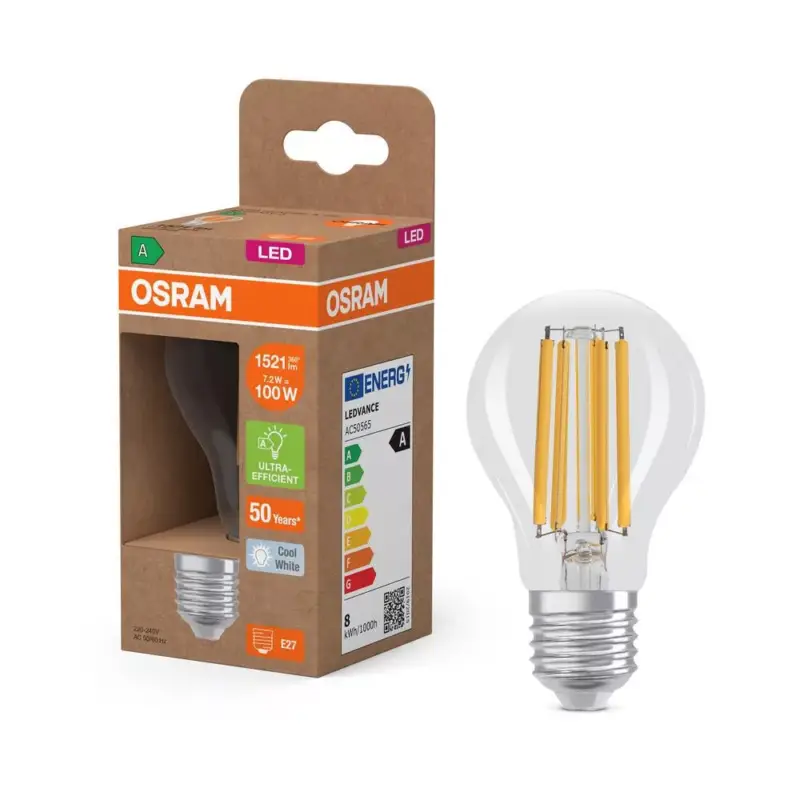 LED izzó A60 E27 7.2W = 100W 4000K 1521lm Semleges 320° Izzószálas KLASSZIKUS ENERGIAHATÉKONYSÁG Osram Végkiárusítás