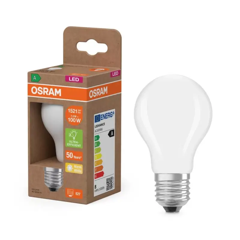 LED izzó A60 E27 7.2W = 100W 1521lm 2700K Meleg 300° Izzószálas KLASSZIKUS ENERGIAHATÉKONYSÁG Osram Vedd meg most