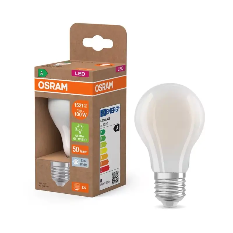 LED izzó A60 E27 7.2W = 100W 1521lm 4000K Semleges 320° Izzószálas KLASSZIKUS ENERGIAHATÉKONYSÁG Osram Korlátozott ajánlat