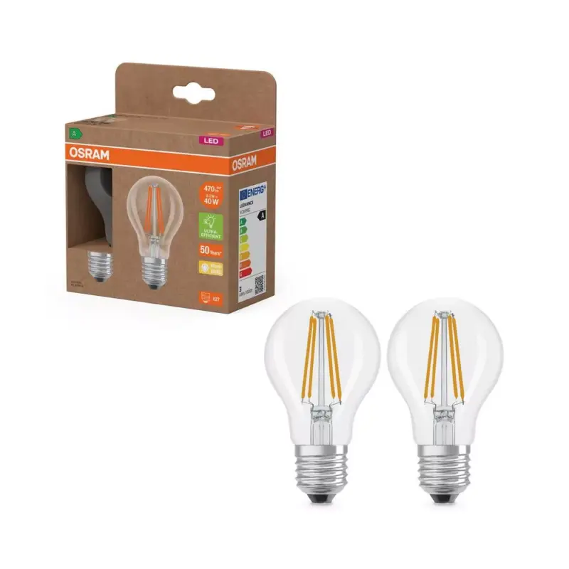 Azonnal elérhető 2x LED izzó A60 E27 2.2W = 40W 2700K 470lm Meleg 300° Izzószálas KLASSZIKUS ENERGIAHATÉKONYSÁG Osram