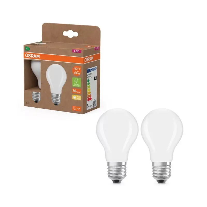 2x LED izzó A60 E27 7.2W = 100W 1521lm 2700K Meleg 300° Izzószálas KLASSZIKUS ENERGIAHATÉKONYSÁG Osram Csak ma