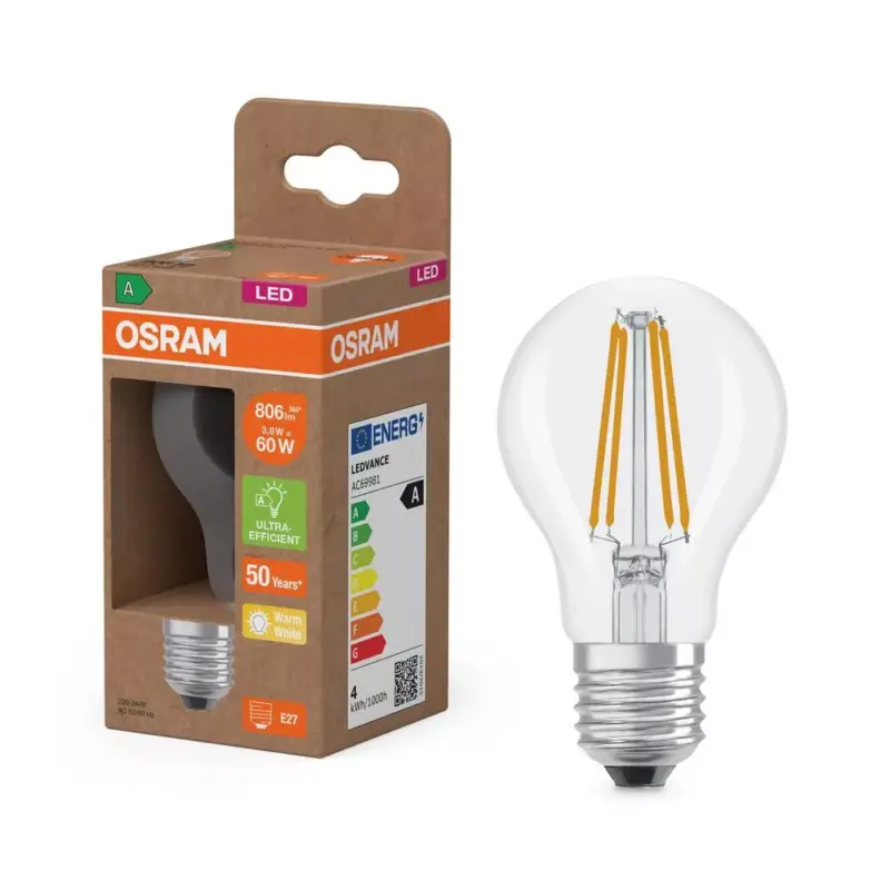 Gyors kiszállítás LED izzó A60 E27 3.8W = 60W 806lm 2700K Meleg 300° Izzószálas KLASSZIKUS ENERGIAHATÉKONYSÁG Osram