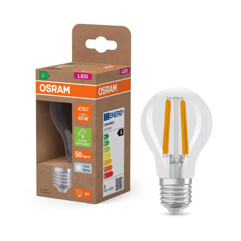 LED izzó A60 E27 2.2W = 40W 470lm 4000K Semleges 320° Izzószálas KLASSZIKUS ENERGIAHATÉKONYSÁG Osram Akciós ár