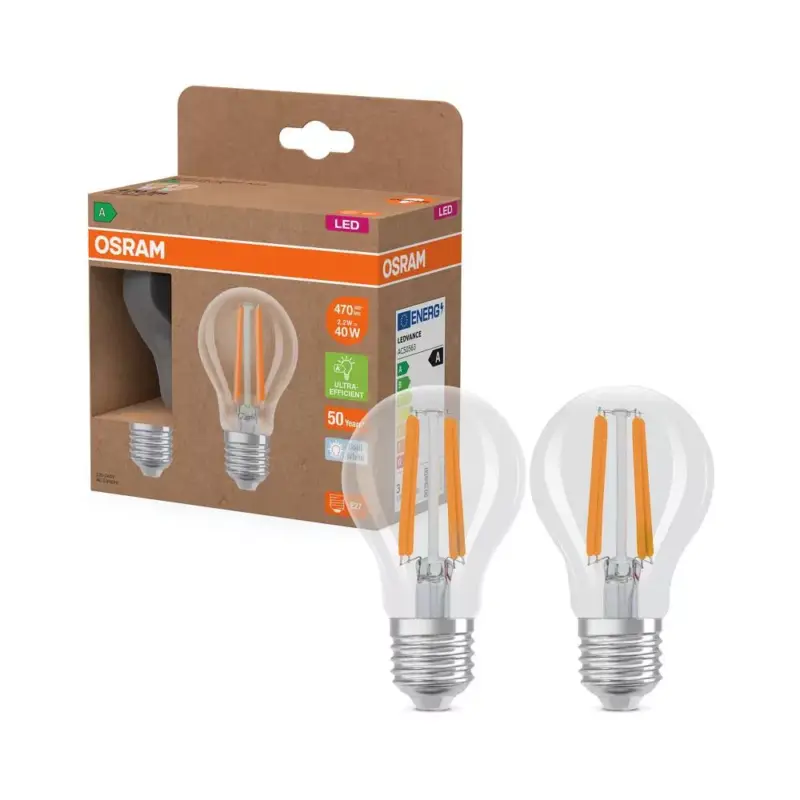 2x LED izzó A60 E27 2.2W = 40W 470lm 4000K Semleges 320° Izzószálas KLASSZIKUS ENERGIAHATÉKONYSÁG Osram Azonnali szállítás