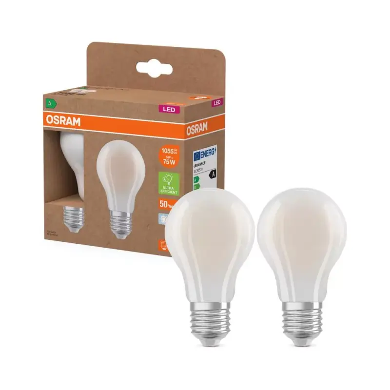2x LED izzó A60 E27 5W = 75W 4000K 1055lm Semleges 320° Izzószálas KLASSZIKUS ENERGIAHATÉKONYSÁG Osram Expressz kézbesítés