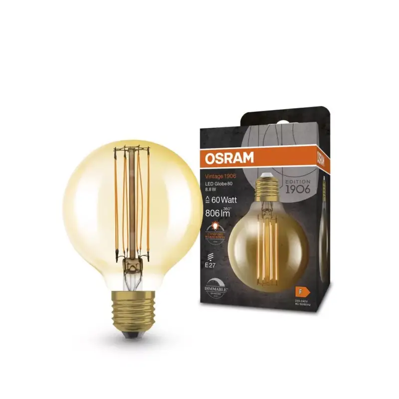LED dekoratív izzó G80 gömb alakú E27 8.8W = 60W 806lm 2200K Meleg 320° Izzószálas, szabályozható fényerővel, Vintage 1906 Osram Vásárlói kedvenc