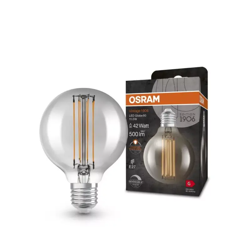LED dekoratív izzó G80 gömb alakú E27 11W = 42W 500lm 1800K Meleg 320° Füstölt Izzószálas Szabályozható Vintage 1906 Osram Kiárusítás