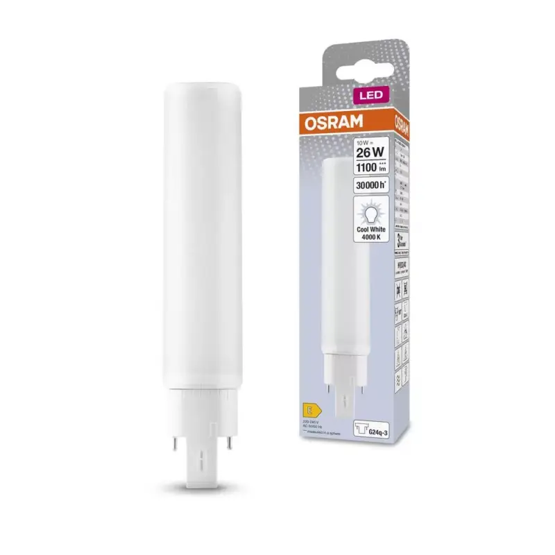 LED fénycső, egyoldalas, G24q-3, 10W = 26W, 1100lm, 4000K, 120°, semleges, DULUX LED D/E HF és AC, Osram Népszerű