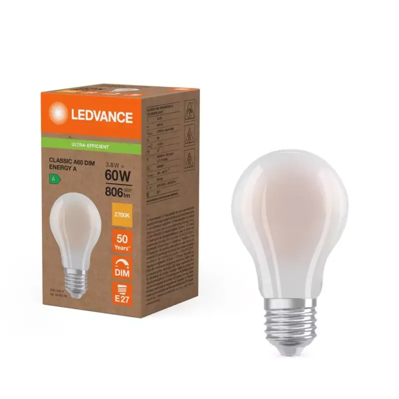 Rendeld meg most LED izzó E27 A60 3.8W = 60W 2700K 806lm Meleg 320° Szabályozható Ledvance