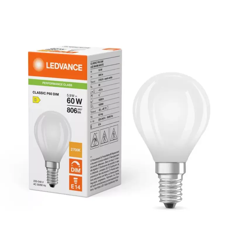 Ajánlat LED gömbizzó E14 P45 5.9W = 60W 806lm 2700K Meleg 300° Szabályozható Ledvance