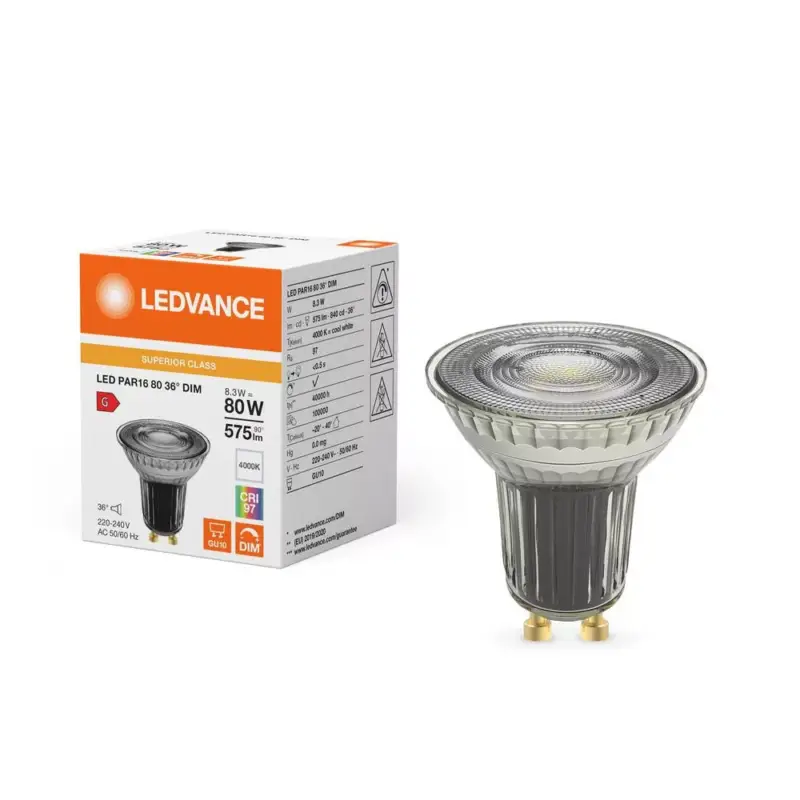 LED izzó spotlámpa GU10 PAR16 8.3W = 80W 575lm 4000K Semleges 36° CRI97 Szabályozható Ledvance Prémium