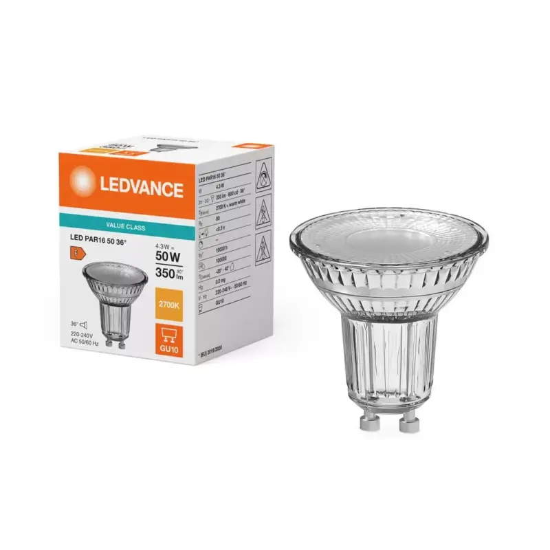 Végkiárusítás LED izzó spotlámpa GU10 PAR16 4.3W = 50W 350lm 2700K Meleg 36° Ledvance