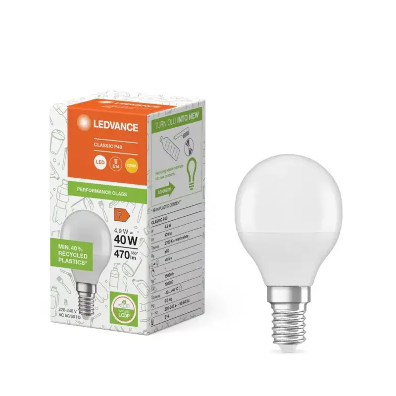 LED izzó E14 P45 4.9W = 40W 470lm Meleg 2700K 200° Ledvance Gyors szállítás