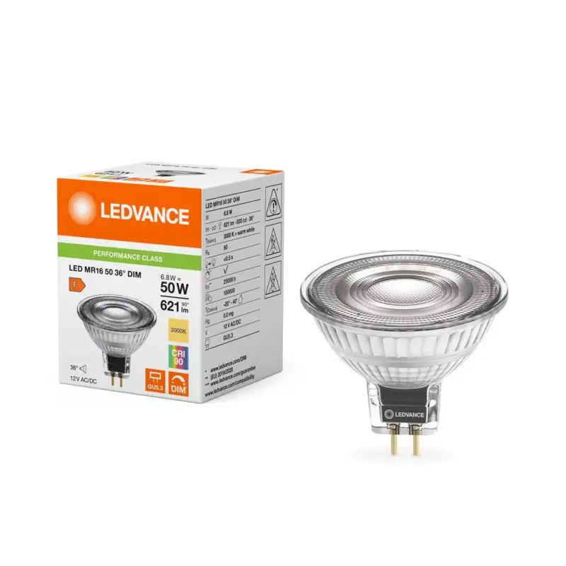 Népszerű LED izzó reflektor GU5.3 MR16 6.8W = 50W 621lm 3000K Meleg 36° CRI90 12V Szabályozható Ledvance