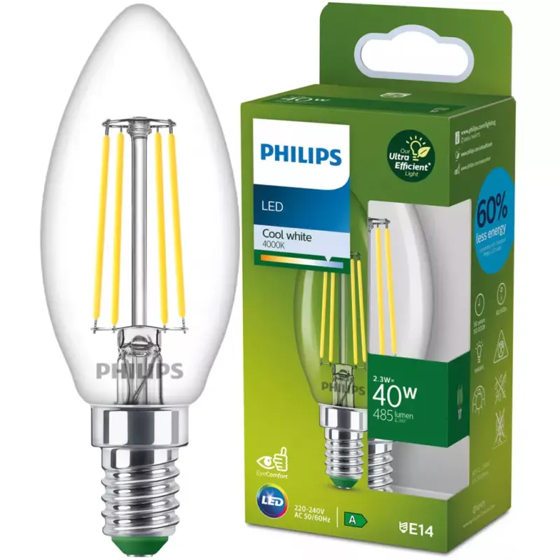 Végkiárusítás LED izzó E14 gyertya B35 2.3W = 40W 485lm 210lm/W 4000K Semleges 300° A OSZTÁLY UltraEfficient Philips