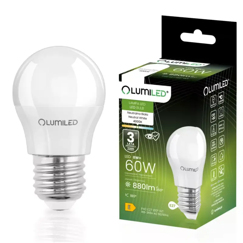Legkelendőbb E27 LED izzó KIS gömb alakú 8W = 60W 4000K semleges színhőmérsékletű 880lm CCD fehér LUMILED