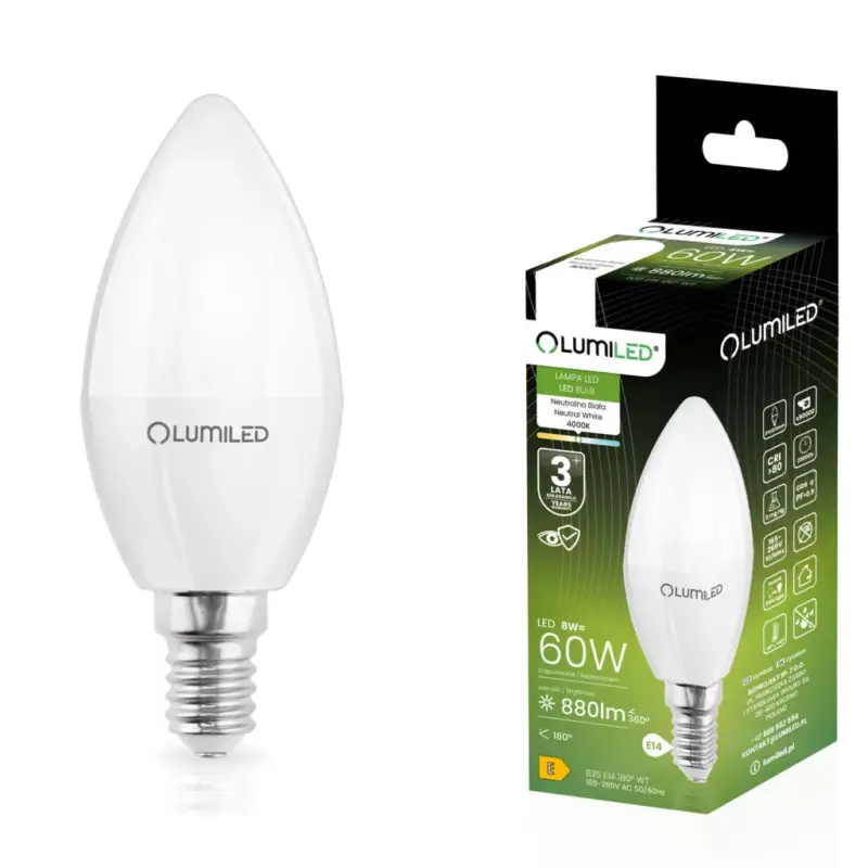 Kedvezmény E14 LED izzó GYERTYA 8W = 60W 4000K semleges fehér gyertya CCD LUMILED