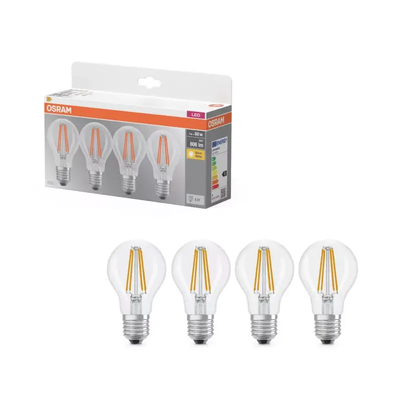 4x LED izzó A60 E27 7W = 60W 806lm 2700K Meleg 300°-os foglalat Osram Biztonságos fizetés