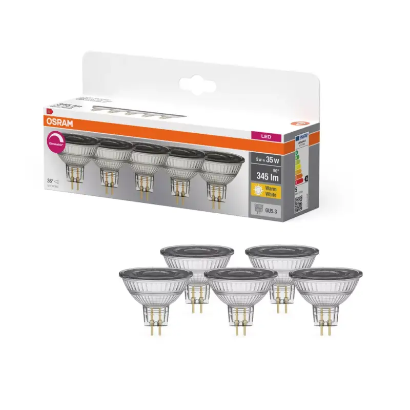 5x LED izzó MR16 reflektor GU5.3 5W = 35W 345lm 2700K Meleg CRI90 12V 36° Szabályozható foglalat Osram Szuper akció