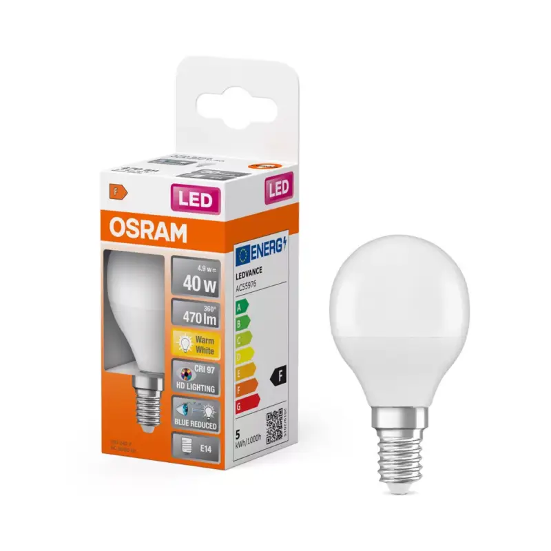 Kiárusítás LED izzó P45 gömb alakú E14 4.9W = 40W 470lm 2700K Meleg CRI>97 180° CLASSIC Osram