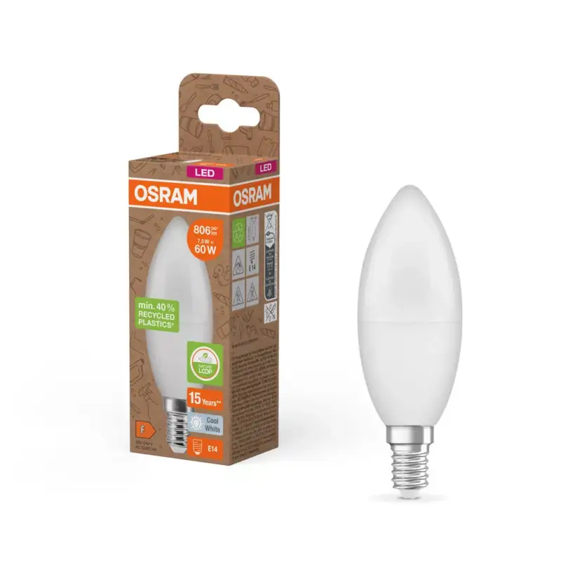 Biztonságos fizetés LED izzó B39 gyertya E14 7.5W = 60W 806lm 4000K semleges 220° Osram PCR lámpák