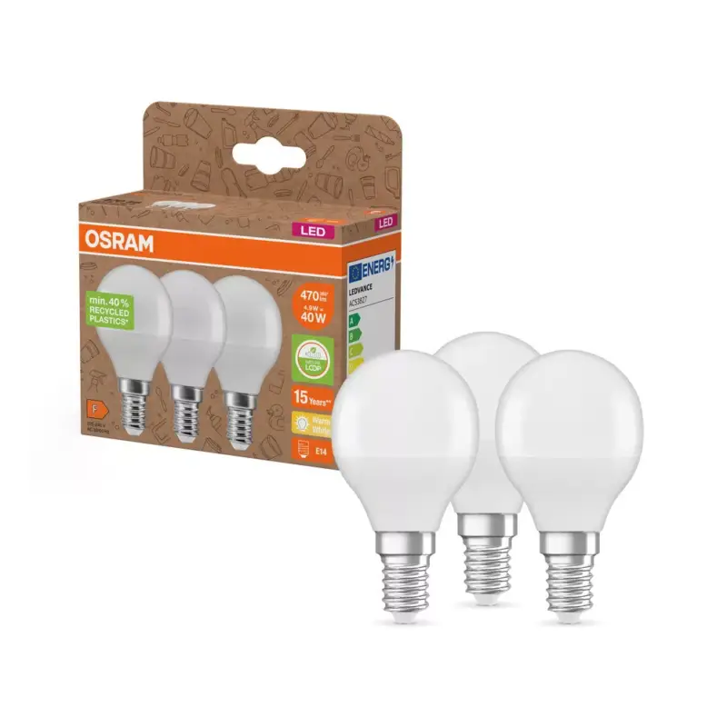 3x LED izzó P45 gömb E14 4.9W = 40W 470lm 2700K Meleg 200° Osram PCR lámpák Prémium
