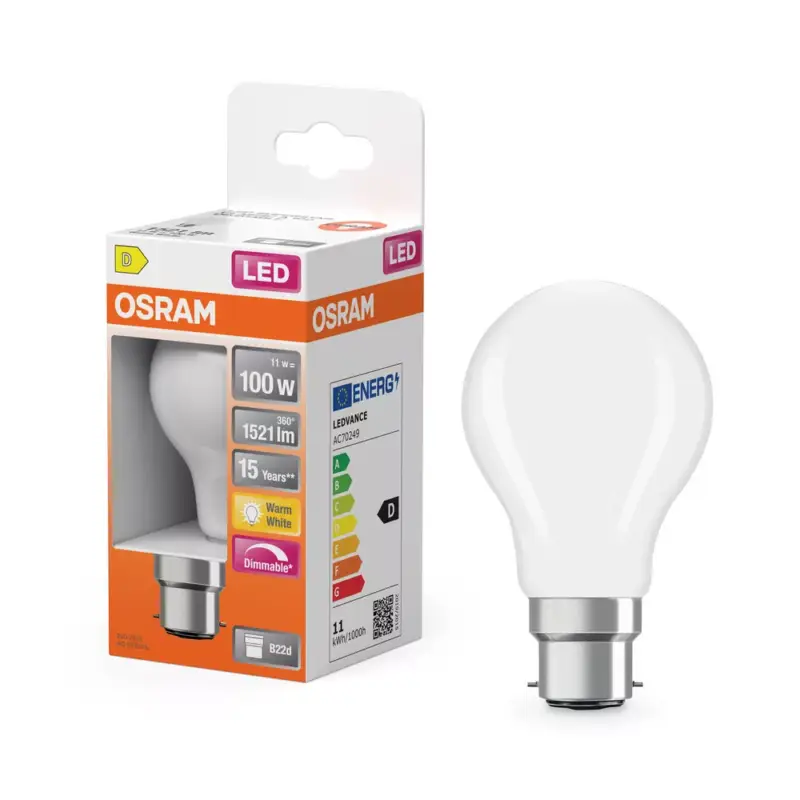 Végkiárusítás LED izzó A60 B22d 11W = 100W 1521lm 2700K Meleg 300° Szabályozható Retrofit Filament CLASSIC Osram